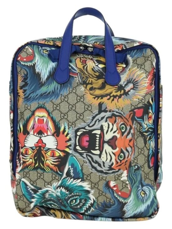 GUCCI GG Supreme Angry Cat Backpack PVC 2way Beige Silver 477875 Auth 171509SAM main image 11